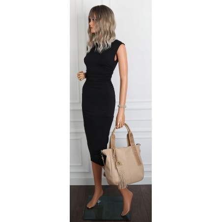 Torebka damska shopper worek pojemna boho na ramię frędzle MC669 Beżowa