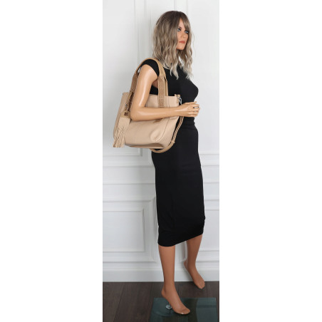 Torebka damska shopper worek pojemna boho na ramię frędzle MC669 Beżowa