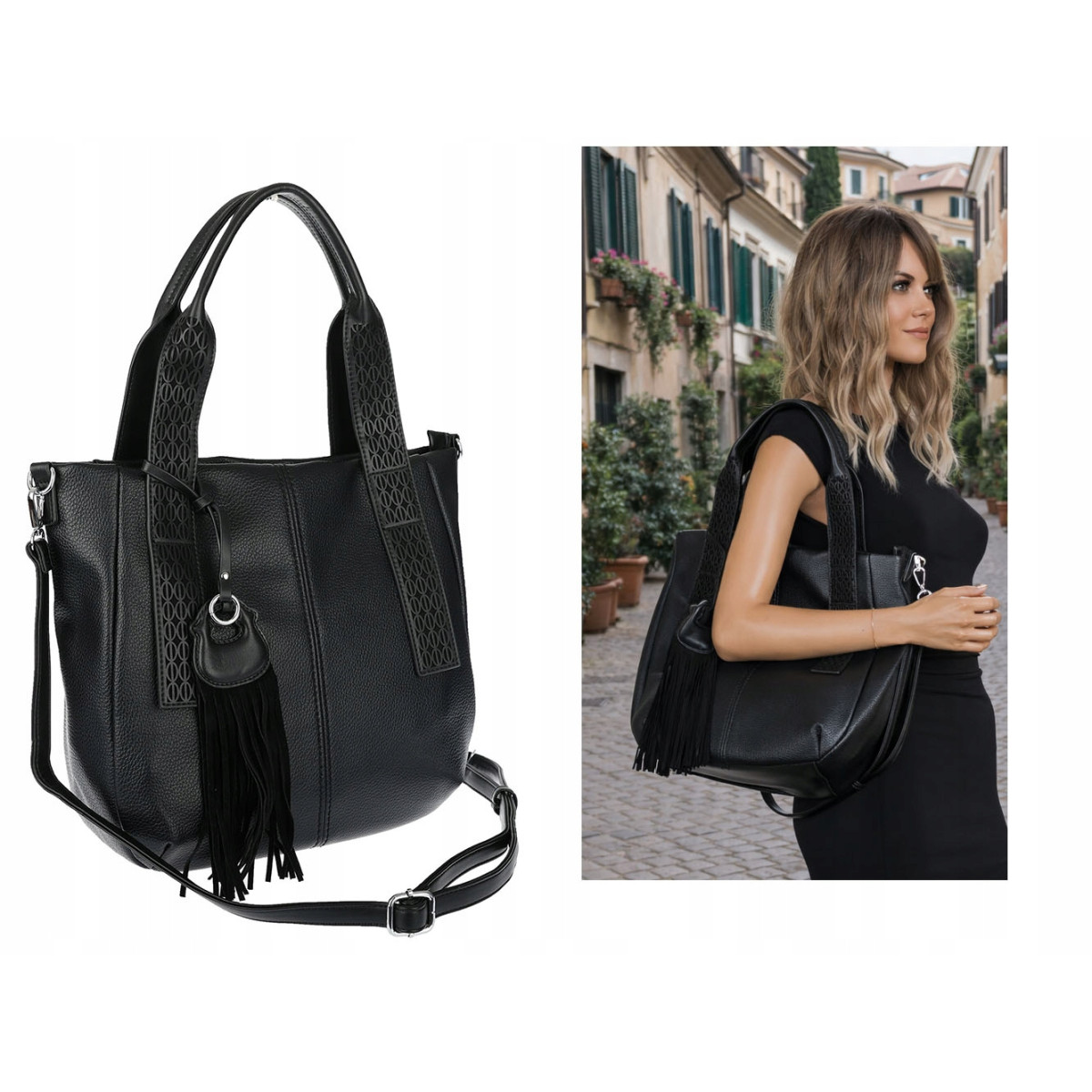 Torebka damska shopper worek pojemna boho na ramię frędzle MC669 Czarna