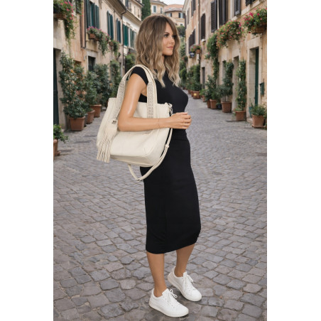 Torebka damska shopper worek pojemna boho na ramię frędzle MC669 Beżowa