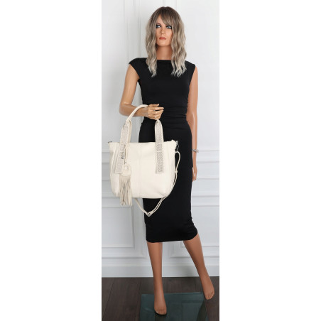 Torebka damska shopper worek pojemna boho na ramię frędzle MC669 Beżowa