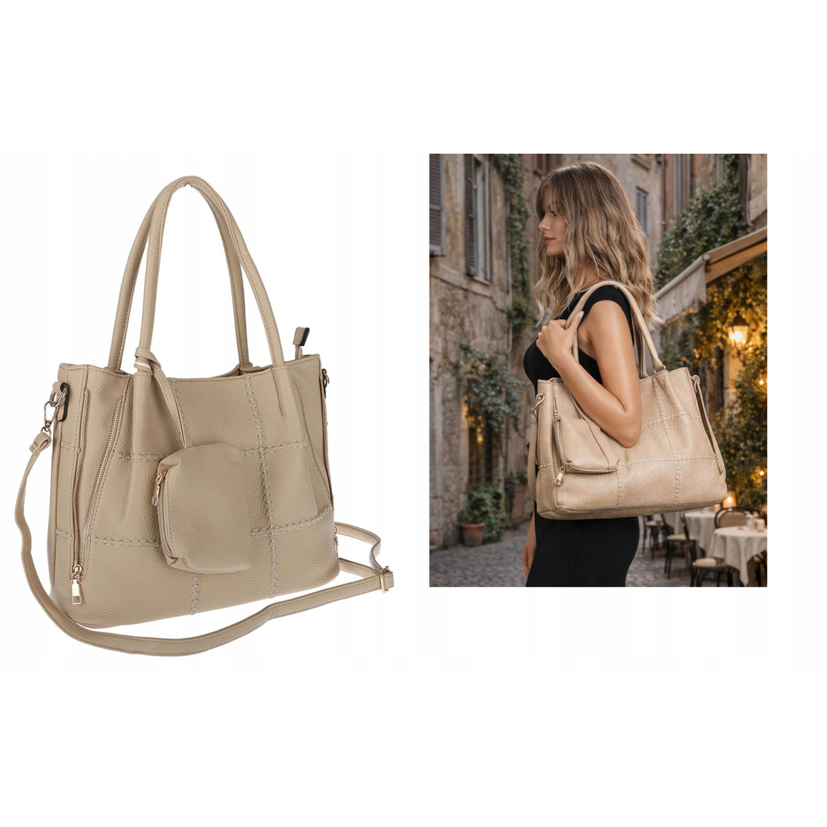 Torebka Damska Shopperka Pojemna Duża Modna Torba kuferek LH6022 Beżowa