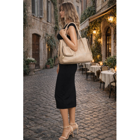 Torebka Damska Shopperka Pojemna Duża Modna Torba kuferek LH6022 Beżowa