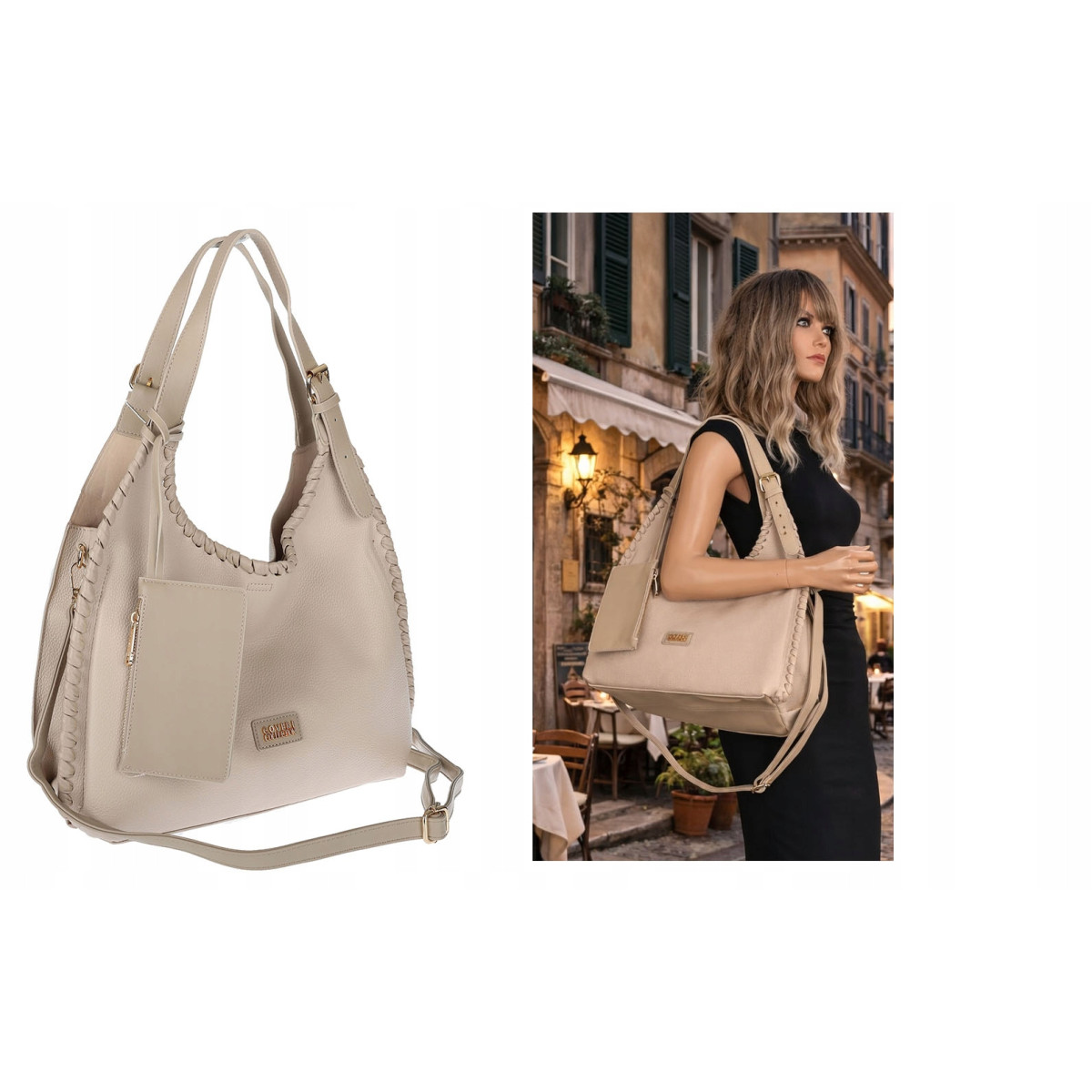 Torebka Damska Listonoszka Worek Shopper Modna Torba na Ramię CC6693 Beżowa