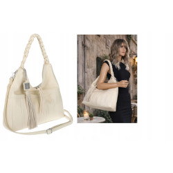 Torebka damska worek shopper A4 na ramię z frędzlami i paskiem H8920 Beżowa