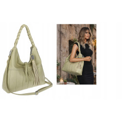 Torebka damska worek shopper A4 na ramię z frędzlami paskiem H8920 Zielona