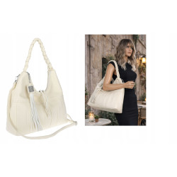 Torebka damska worek shopper A4 na ramię z frędzlami i paskiem H8920 Biała