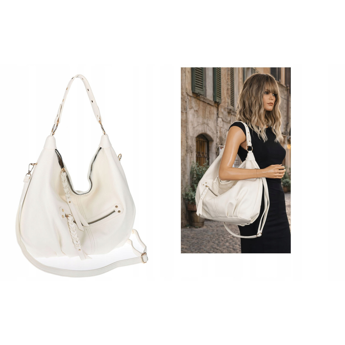 Torebka damska worek shopper A4 hobo pasek duża torba na ramię CC3501 Biała