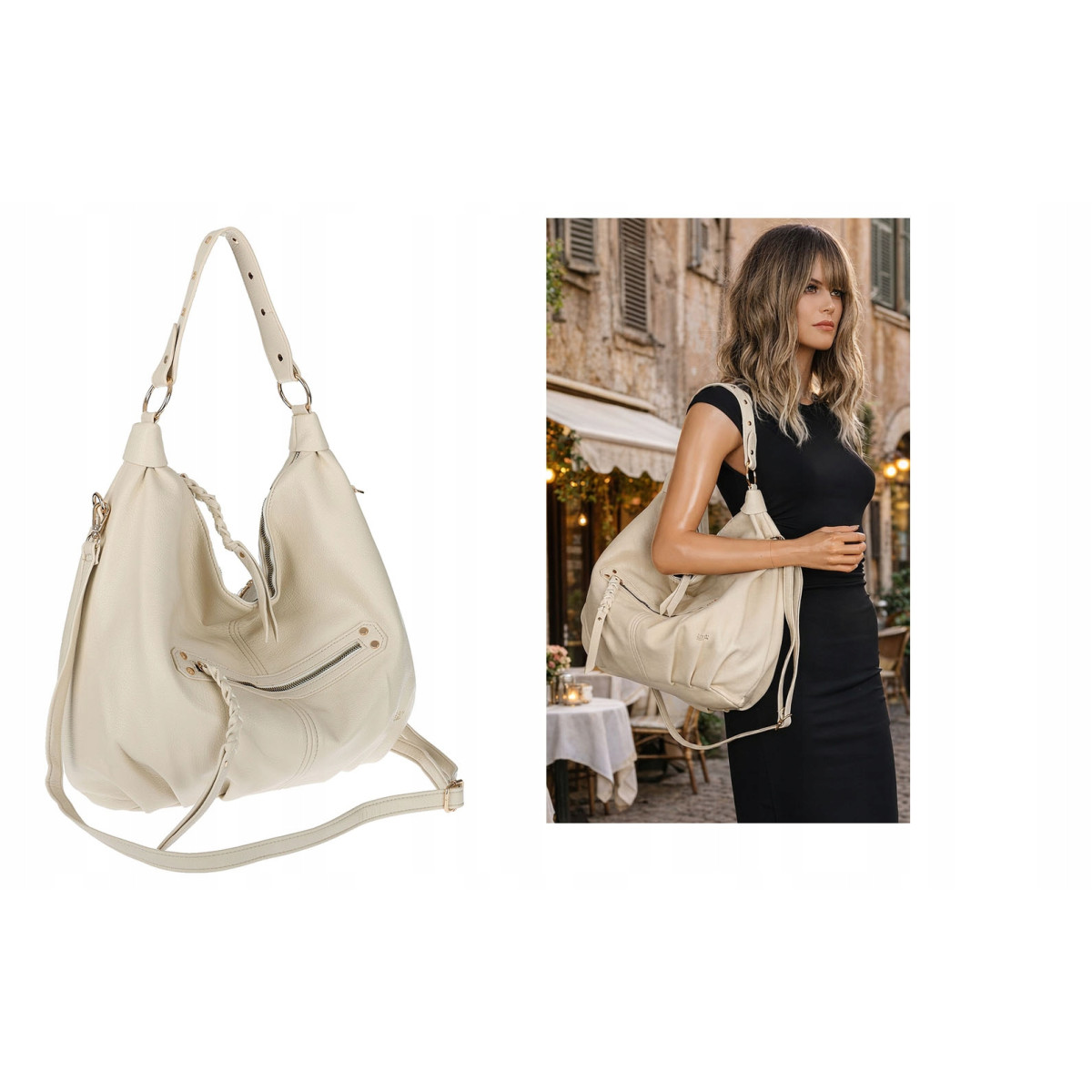 Torebka damska worek shopper A4 hobo pasek duża na ramię CC3501 Beżowa