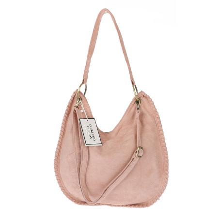 Torebka damska worek A4 shopper frędzle zamsz na ramię boho 90517 Różowa