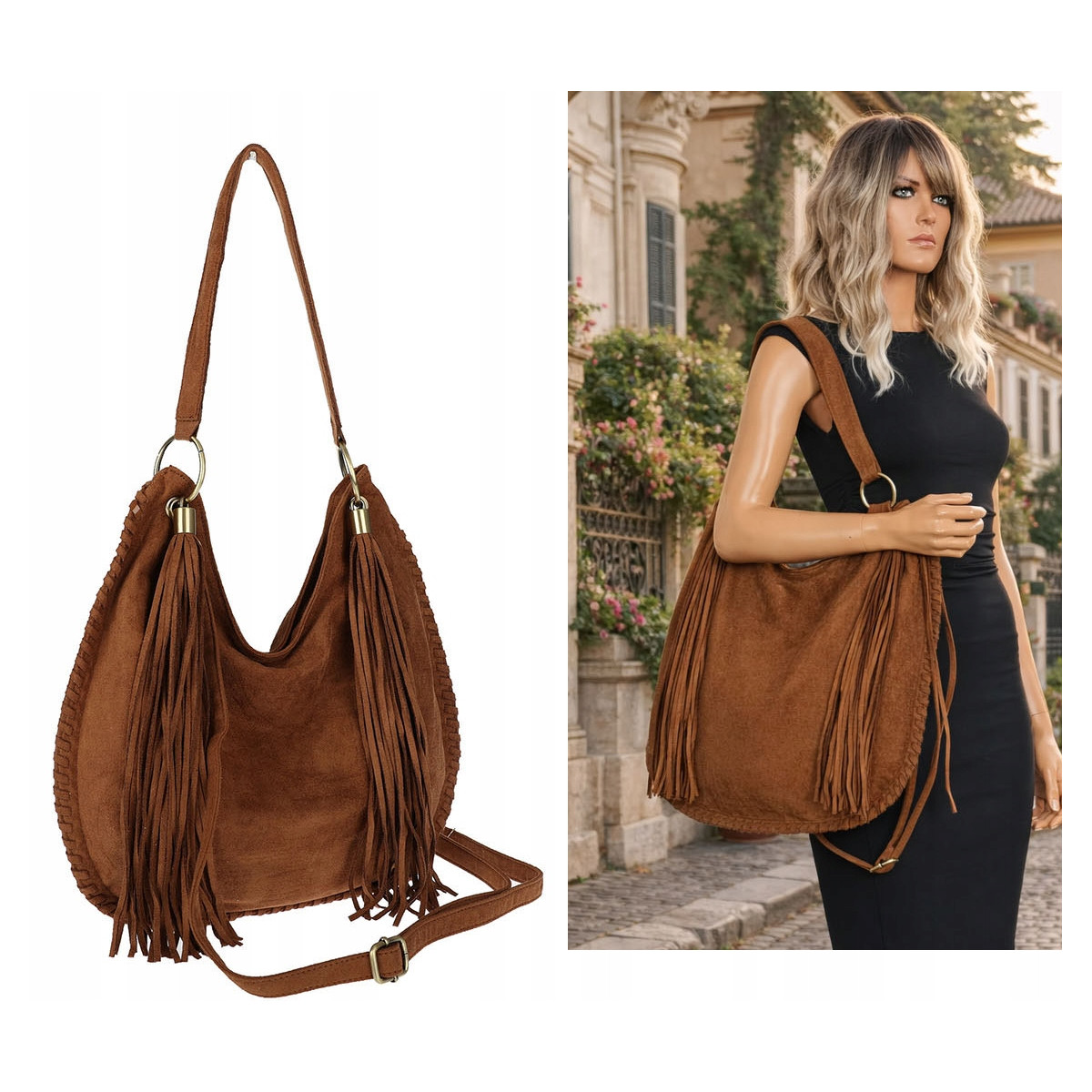 Torebka damska worek A4 shopper frędzle zamsz na ramię boho 90517 Brązowa