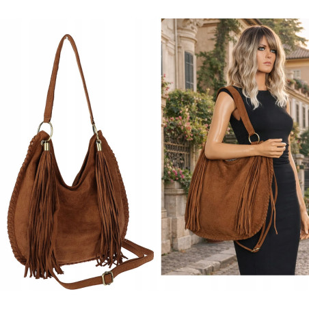 Torebka damska worek A4 shopper frędzle zamsz na ramię boho 90517 Brązowa