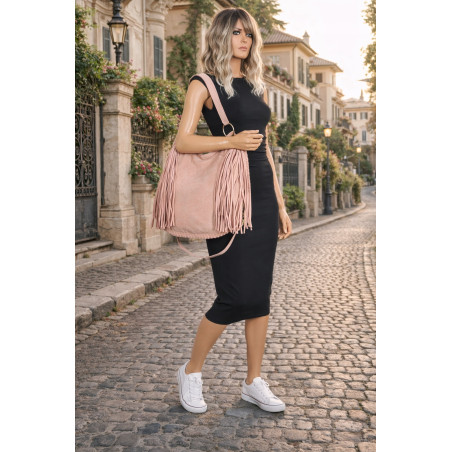 Torebka damska worek A4 shopper frędzle zamsz na ramię boho 90517 Różowa