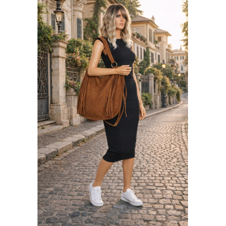 Torebka damska worek A4 shopper frędzle zamsz na ramię boho 90517 Brązowa