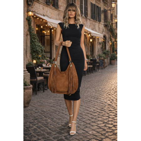 Torebka damska worek A4 shopper frędzle zamsz na ramię boho 90517 Brązowa