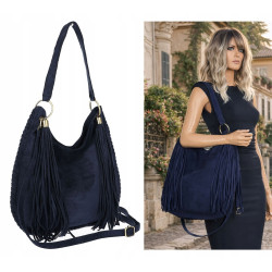 Torebka damska worek A4 shopper frędzle zamsz na ramię boho 90517 Granatowa