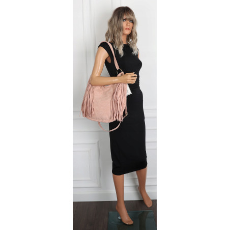 Torebka damska worek A4 shopper frędzle zamsz na ramię boho 90517 Różowa