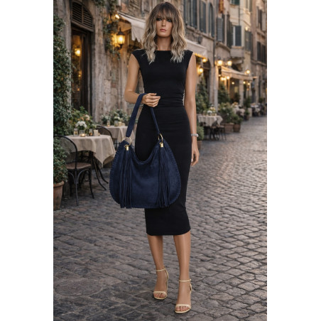 Torebka damska worek A4 shopper frędzle zamsz na ramię boho 90517 Granatowa