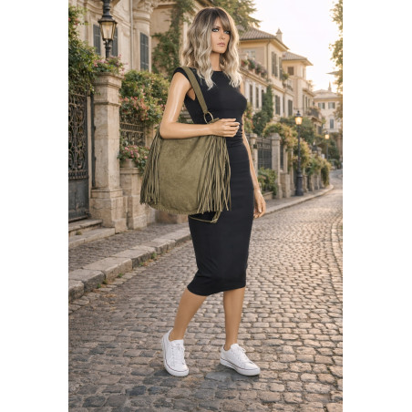 Torebka damska worek A4 shopper frędzle zamsz na ramię boho 90517 Zielona