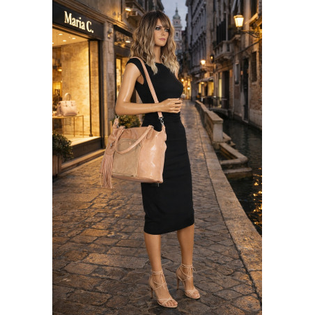 Torebka damska kuferek shopper A4 na ramię z frędzlami pasek MC688 Różowa