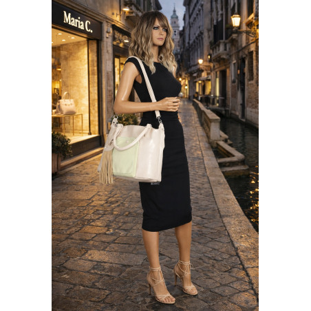 Torebka damska kuferek shopper A4 na ramię z frędzlami pasek MC688 Beżowa