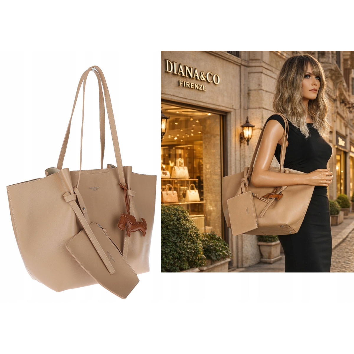 Torebka damska shopper A4 duża torba na ramię elegancka modna DB243 Beżowa