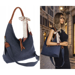 Torebka damska worek shopper duża na ramię pleciona apaszka MA359 Granatowa