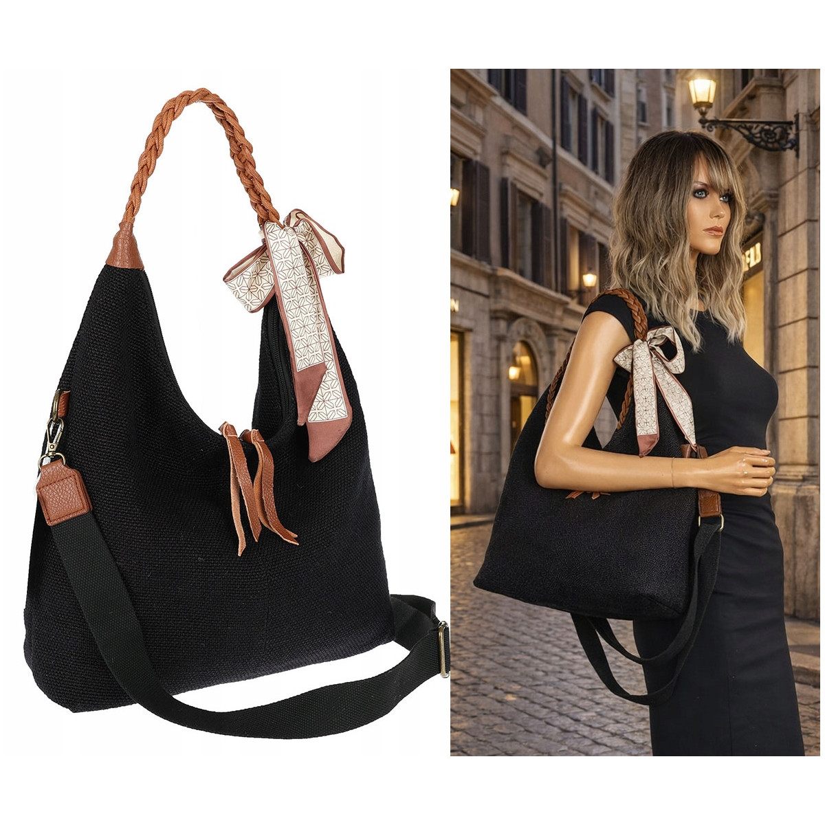 Torebka damska worek shopper duża na ramię pleciona apaszka MA359 Czarna