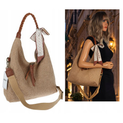 Torebka damska worek shopper duża na ramię A4 pleciona apaszka MA359 Beżowa