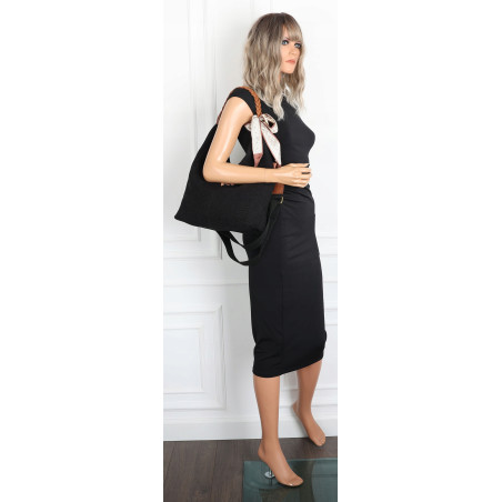 Torebka damska worek shopper duża na ramię pleciona apaszka MA359 Czarna