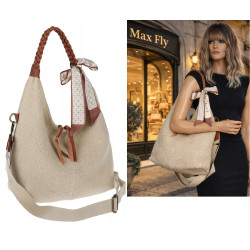 Torebka damska worek shopper duża na ramię A4 pleciona apaszka MA359 Beżowa
