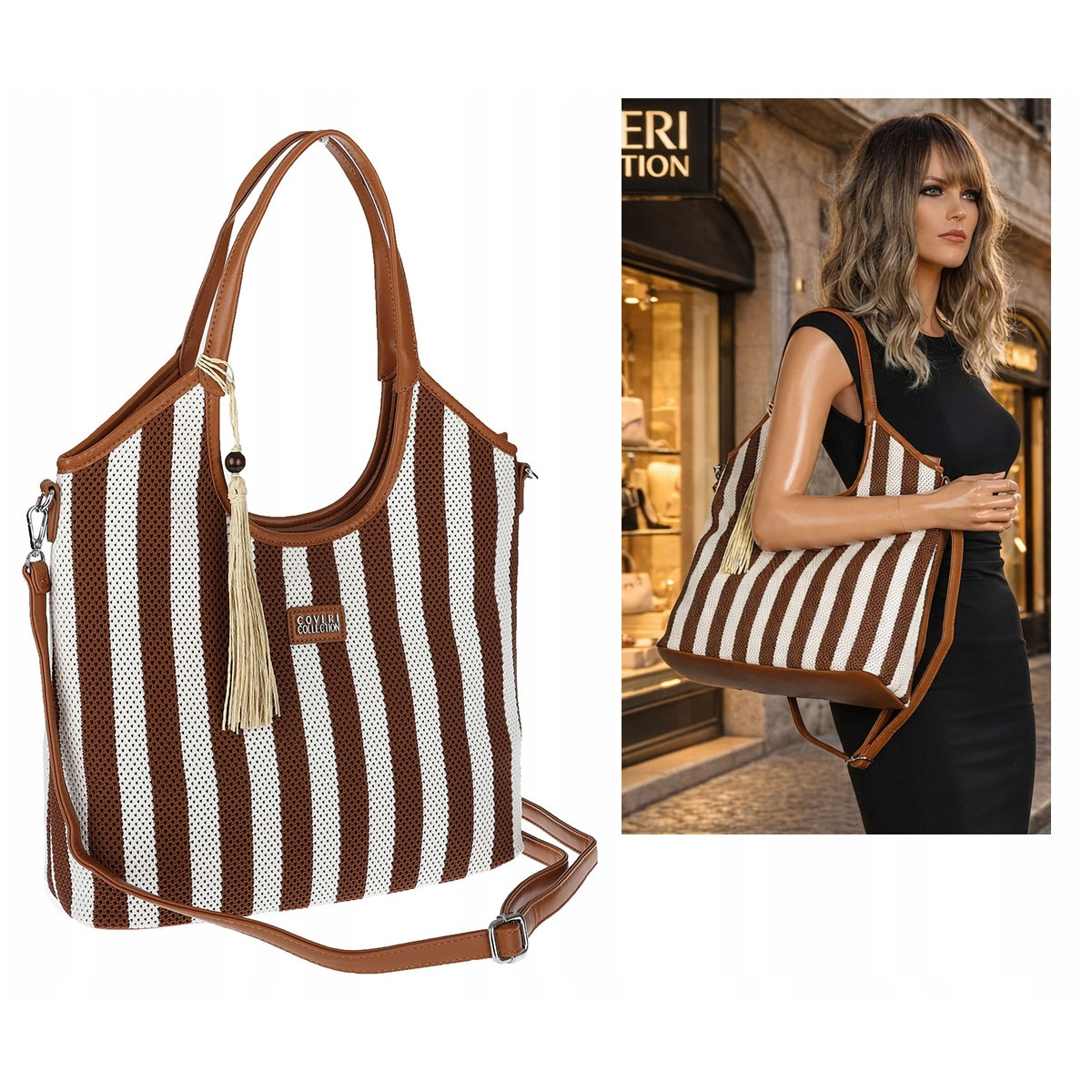 Torebka damska shopper A4 duża torba na ramię w paski worek CC6732 Brązowa
