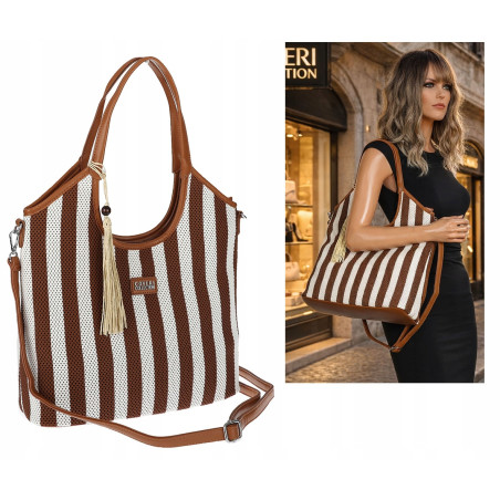 Torebka damska shopper A4 duża torba na ramię w paski worek CC6732 Brązowa