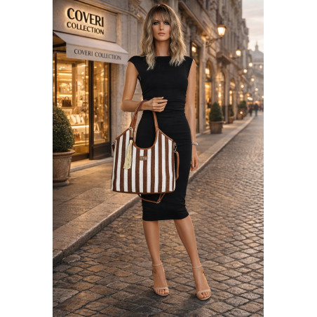 Torebka damska shopper A4 duża torba na ramię w paski worek CC6732 Brązowa