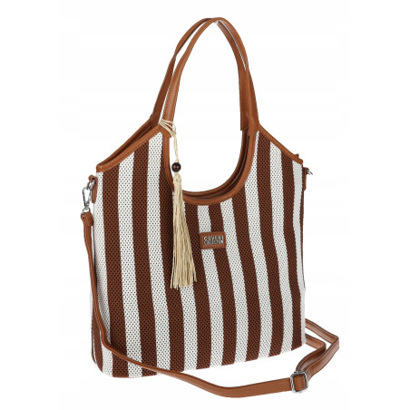 Torebka damska shopper A4 duża torba na ramię w paski worek CC6732 Brązowa