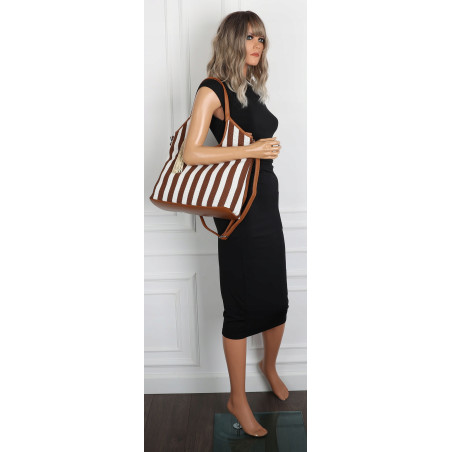 Torebka damska shopper A4 duża torba na ramię w paski worek CC6732 Brązowa