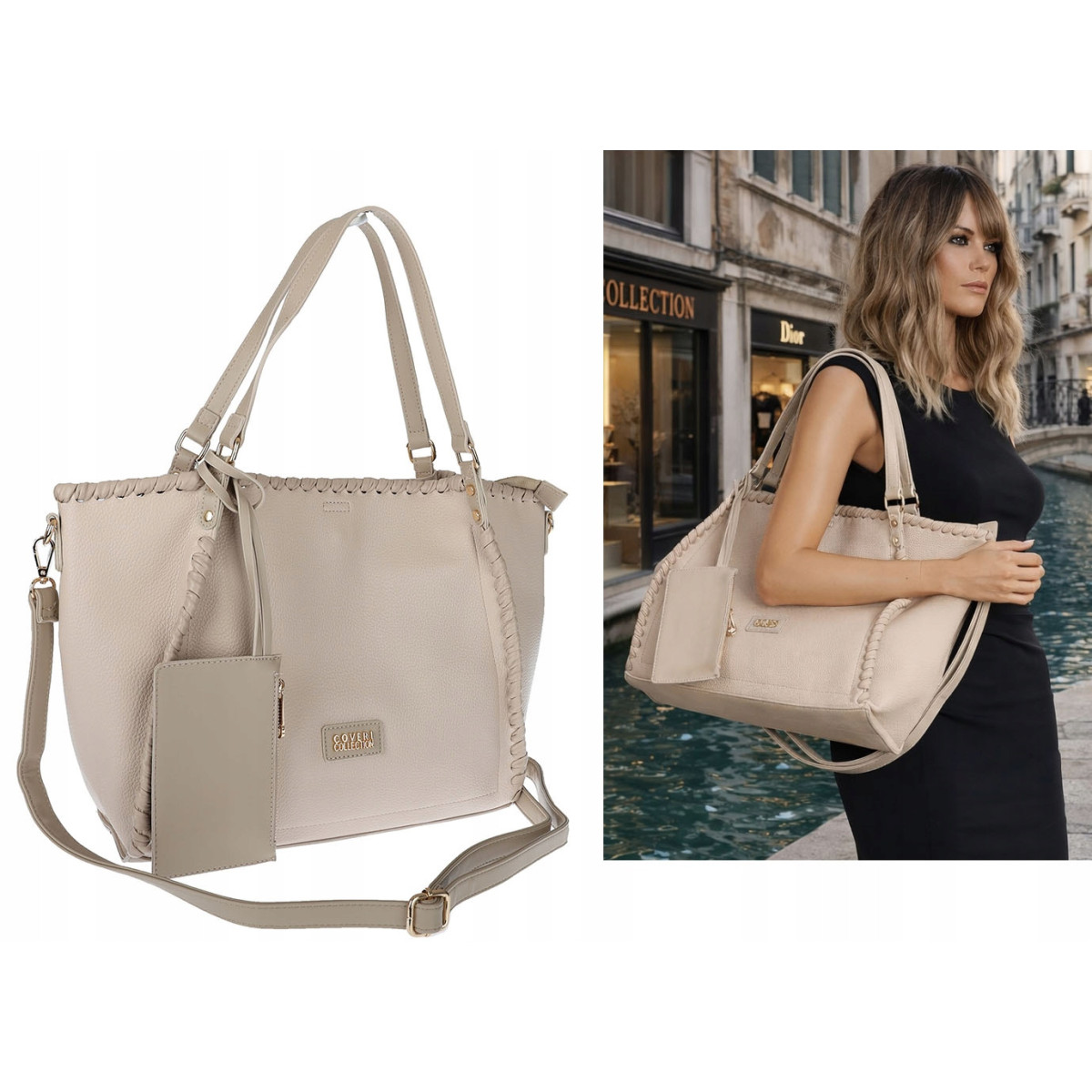 Torebka Damska łódka Shopper Torba na Ramię Listonoszka CC6692 Beżowa