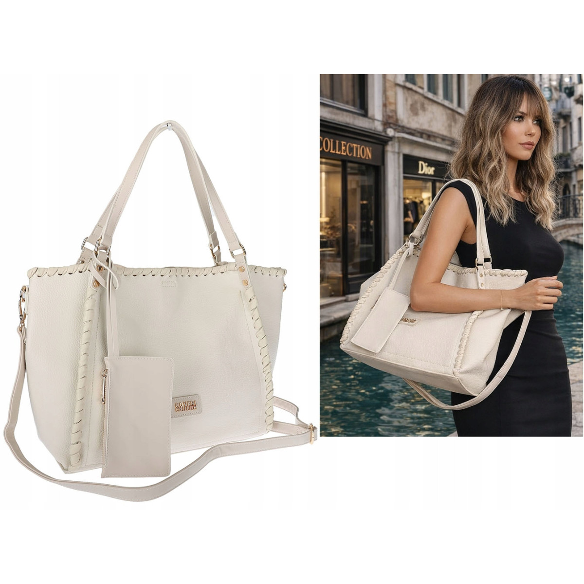 Torebka Damska A4 łódka Shopper Torba na Ramię Listonoszka CC6692 Beżowa