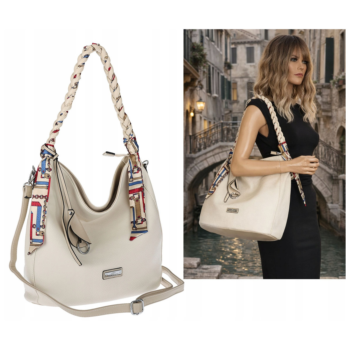 Torebka damska worek shopper duża pojemna na ramię modna CH66816 Beżowa