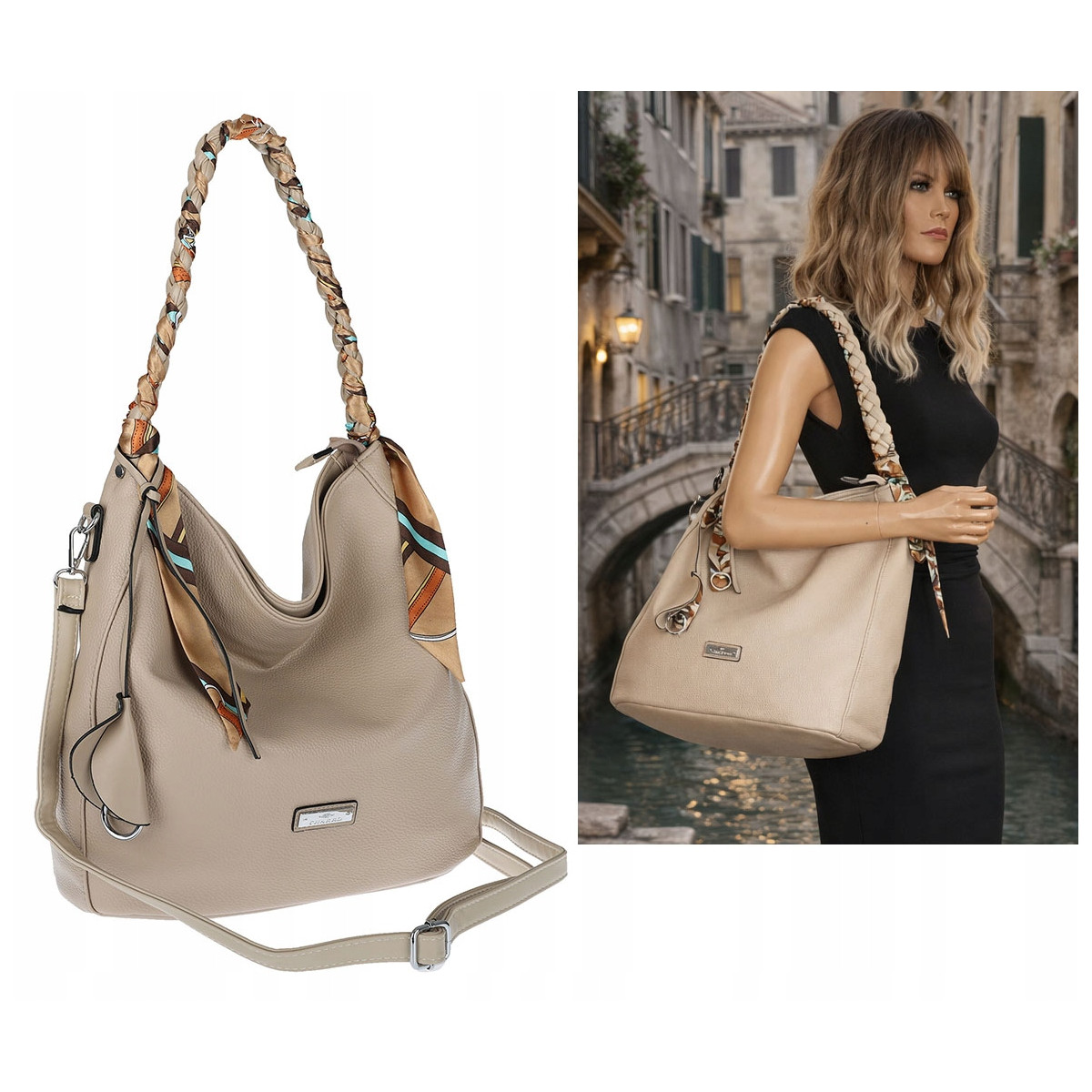 Torebka damska worek shopper duża pojemna na ramię modna CH66816 Beżowa