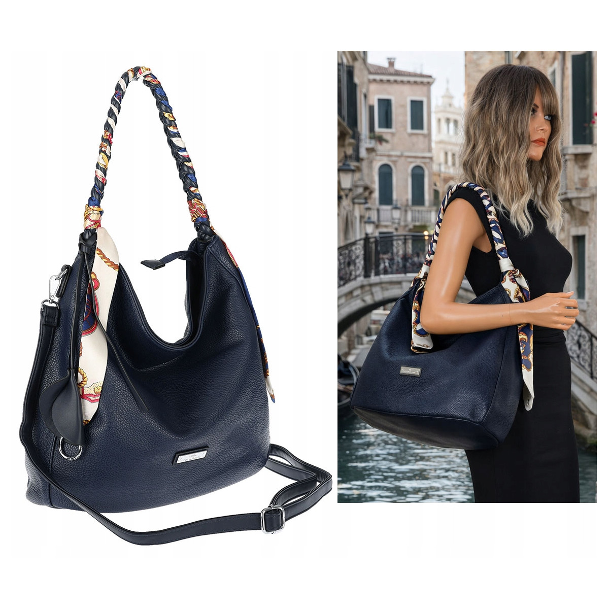 Torebka damska worek shopper duża pojemna na ramię modna CH66816 Granatowa
