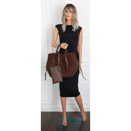 Torebka Damska Shopperka łódka Pojemna Duża A4 zamszowa R963B Czekoladowa