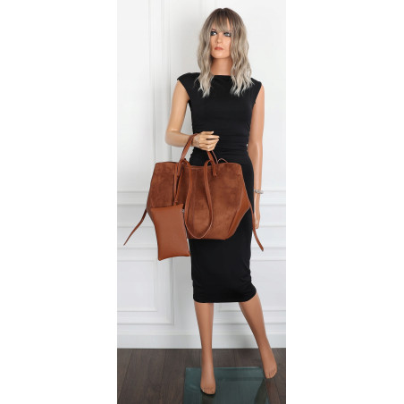 Torebka Damska Shopperka na ramię łódka Pojemna Duża zamszowa R963B Brązowa