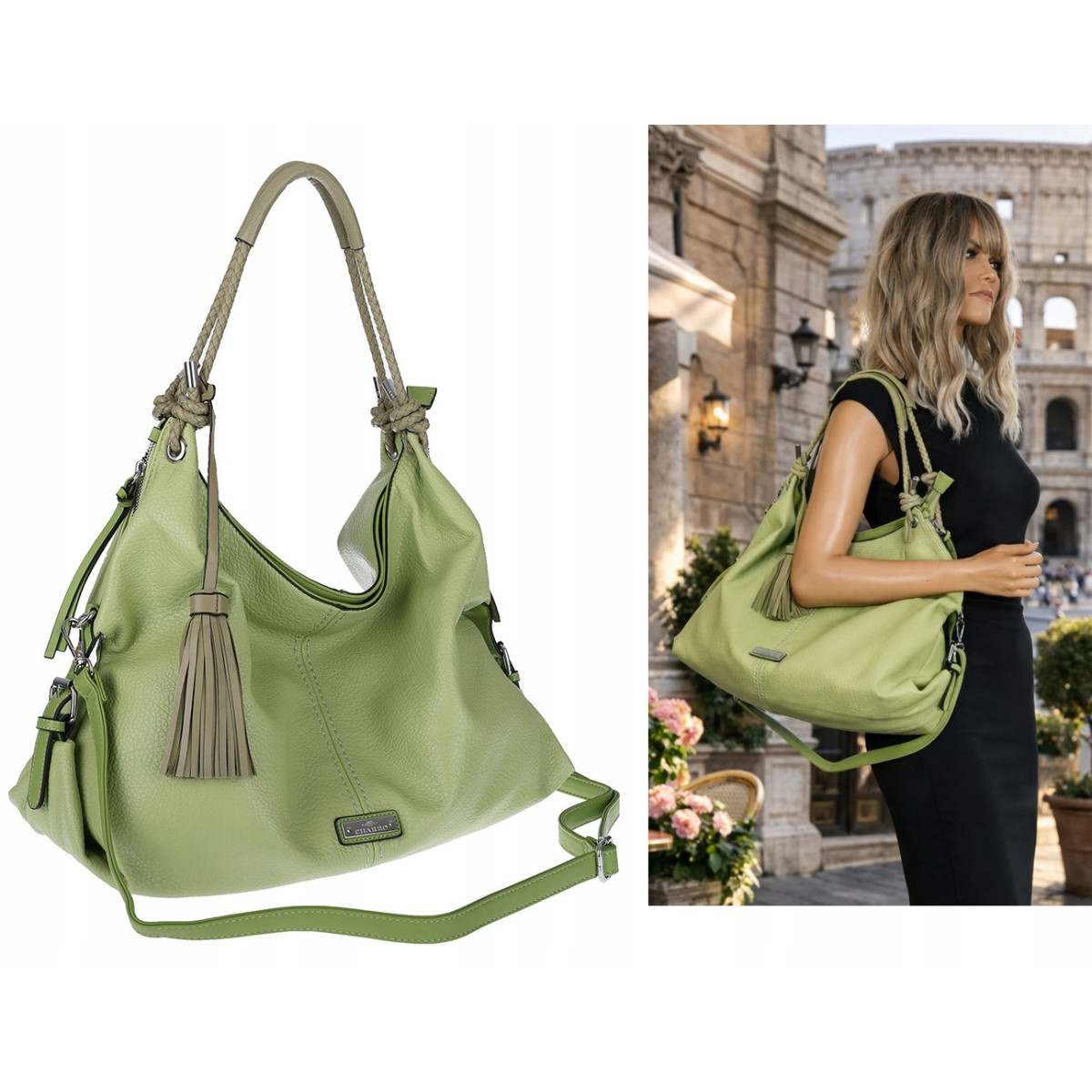 Torebka Damska Shopper worek modna lekka torba pasek na Ramię CH812 Zielona