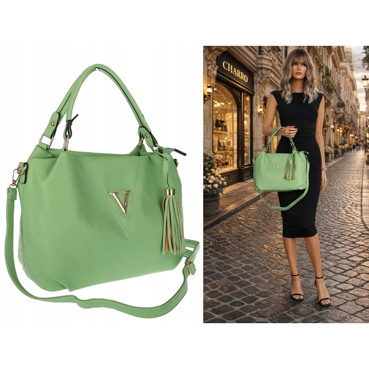 Torebka damska worek shopper pojemna na ramię frędzle modna CH167 Zielona