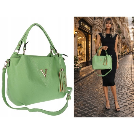 Torebka damska worek shopper pojemna na ramię frędzle modna CH167 Zielona