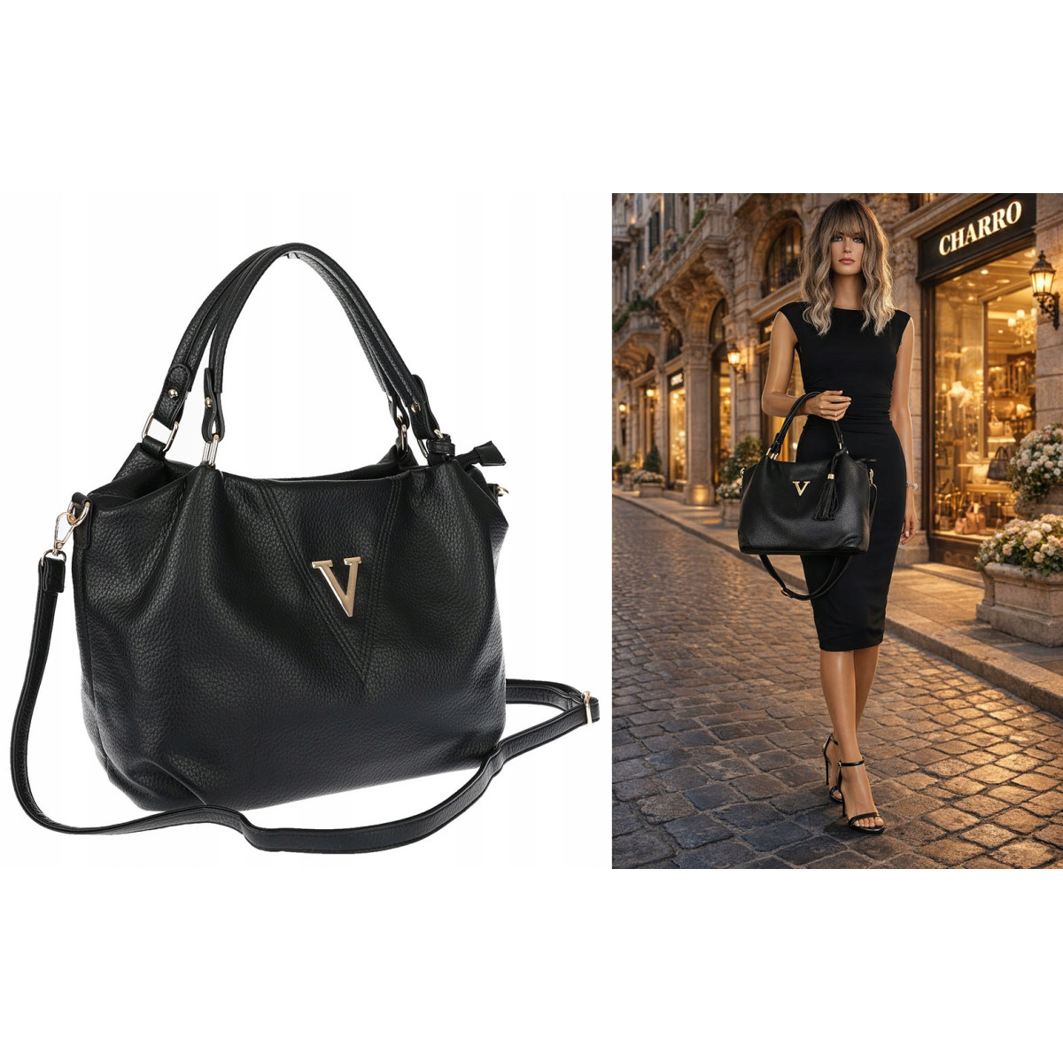 Torebka damska worek shopper pojemna na ramię frędzle modna CH167 Czarna