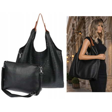 Torebka Damska shopper worek 2w1 listonoszka pojemna Ażurowa D1901 Czarna