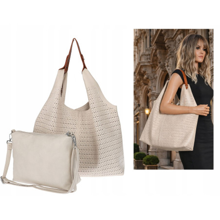 Torebka Damska shopper worek 2w1 listonoszka pojemna Ażurowa D1901 Beżowa