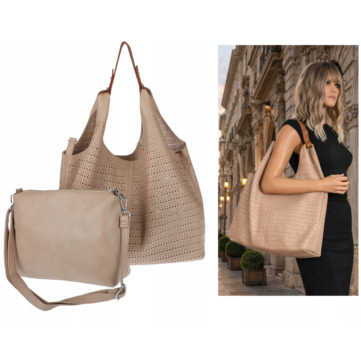 Torebka Damska shopper worek 2w1 listonoszka pojemna Ażurowa D1901 Beżowa